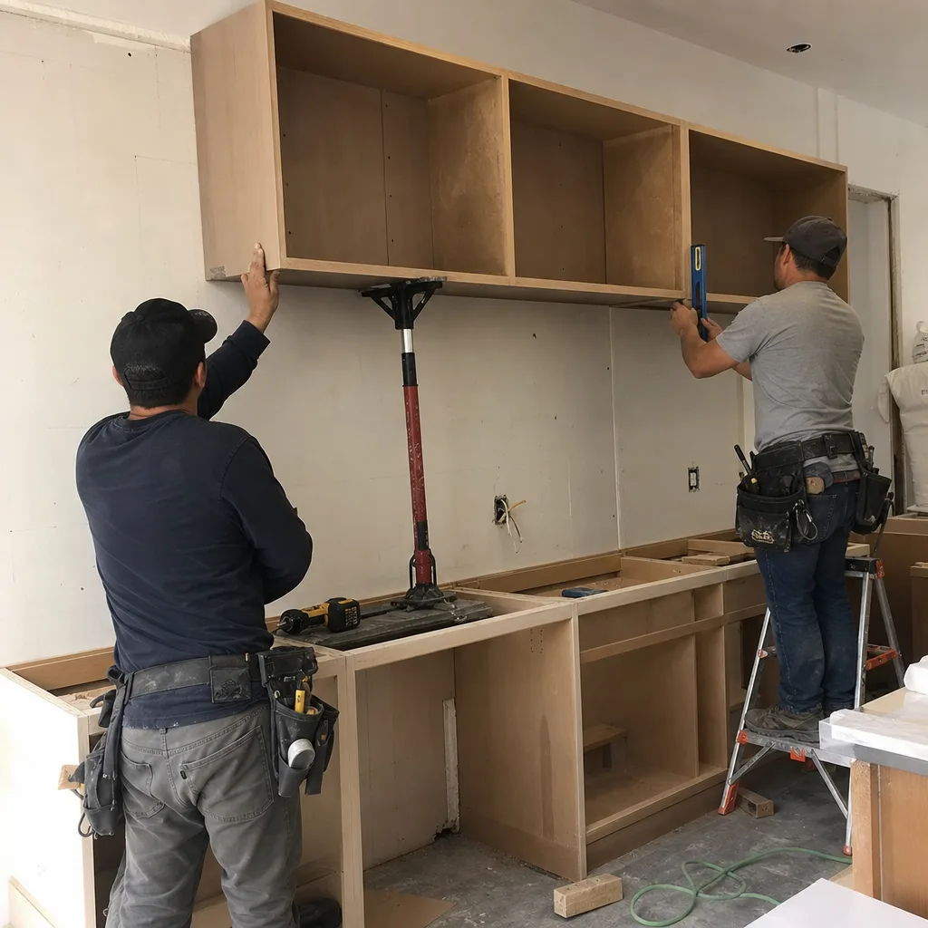 Contractor installing a stone countertop on new kitchen cabinets during renovation