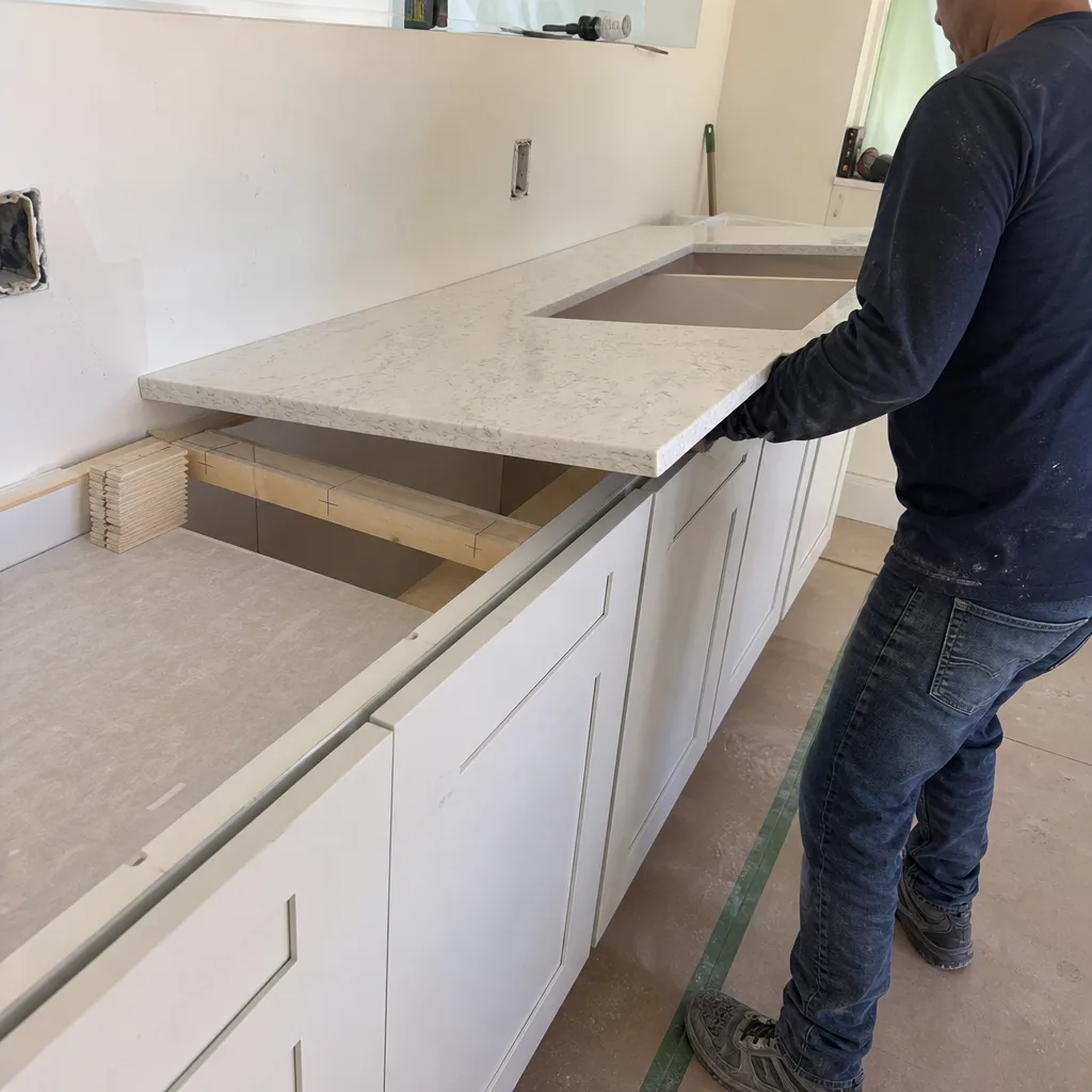 Professional contractor installing a marble kitchen countertop during a home renovation.