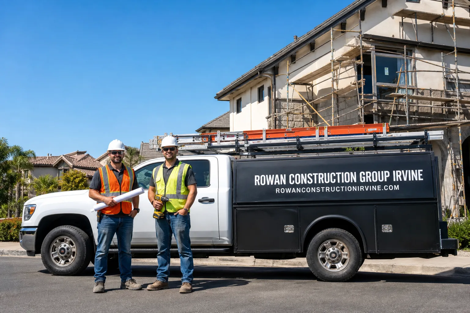 Rowan Construction Group Irvine construction service vehicle and crew in Irvine, CA